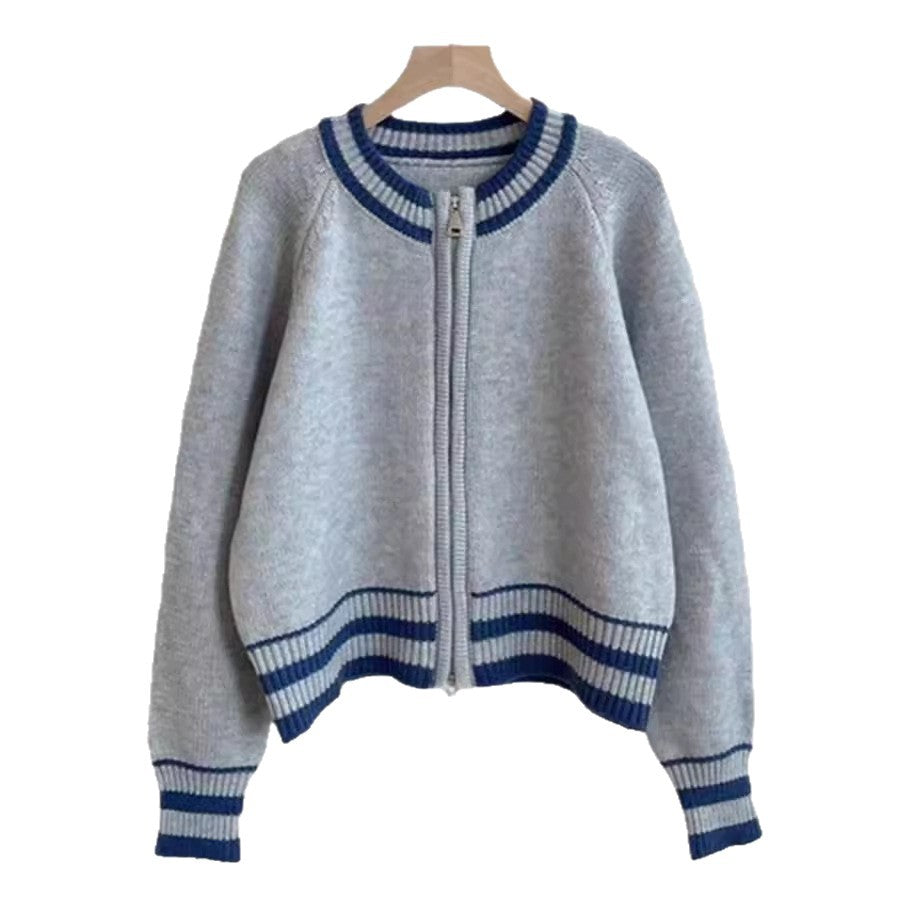 Damen Strickcardigan Reißverschluss Sportliches Streifenmuster