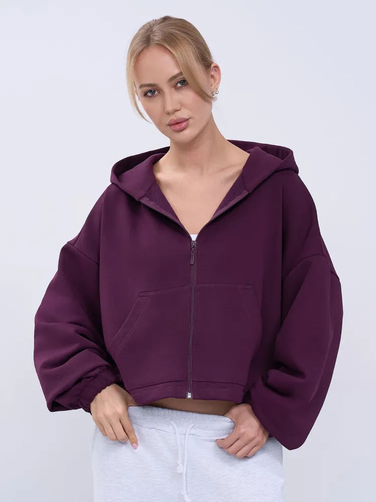 Damen Cropped Kapuzenjacke Voluminöse Ärmel Praktische Taschen