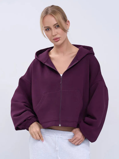 Damen Cropped Kapuzenjacke Voluminöse Ärmel Praktische Taschen