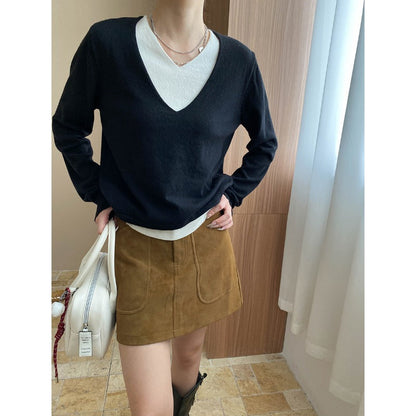 Damen Pullover V-Ausschnitt Weiches Material Feine Rippstruktur Beige