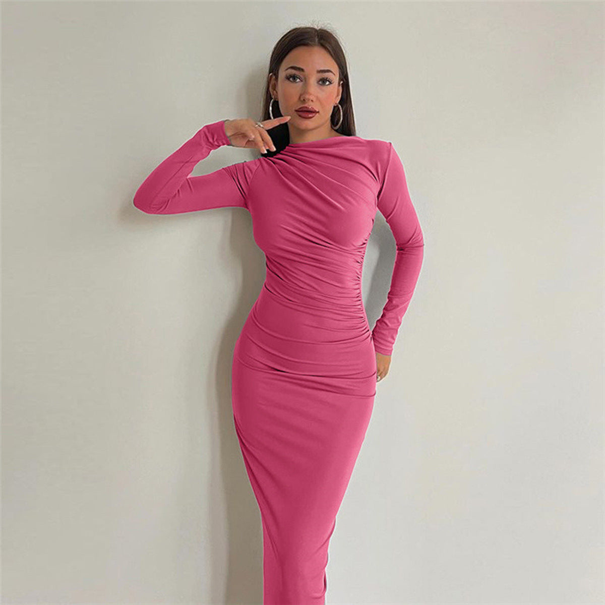 Damen Langarmkleid Figurbetont Raffung Elegant Norvielle