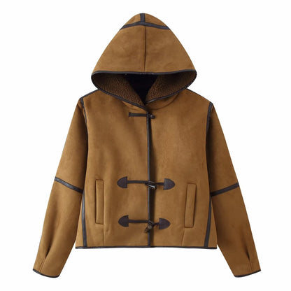 Damen Kunstlederjacke Kapuze Warmfutter