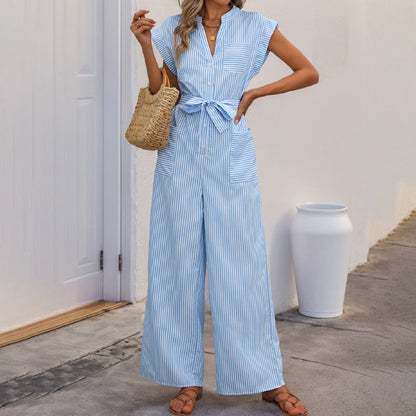 Damen Jumpsuit Taillierbarer Gurt Streifenmuster Norvielle