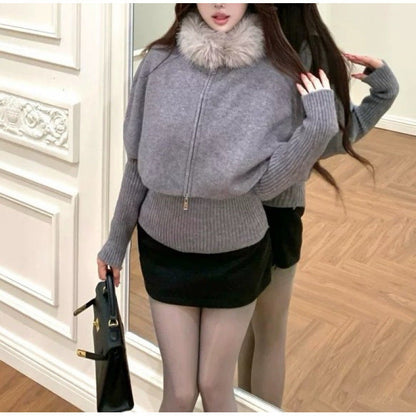 Damen Strickcape Abnehmbarer Pelzkragen Norvielle