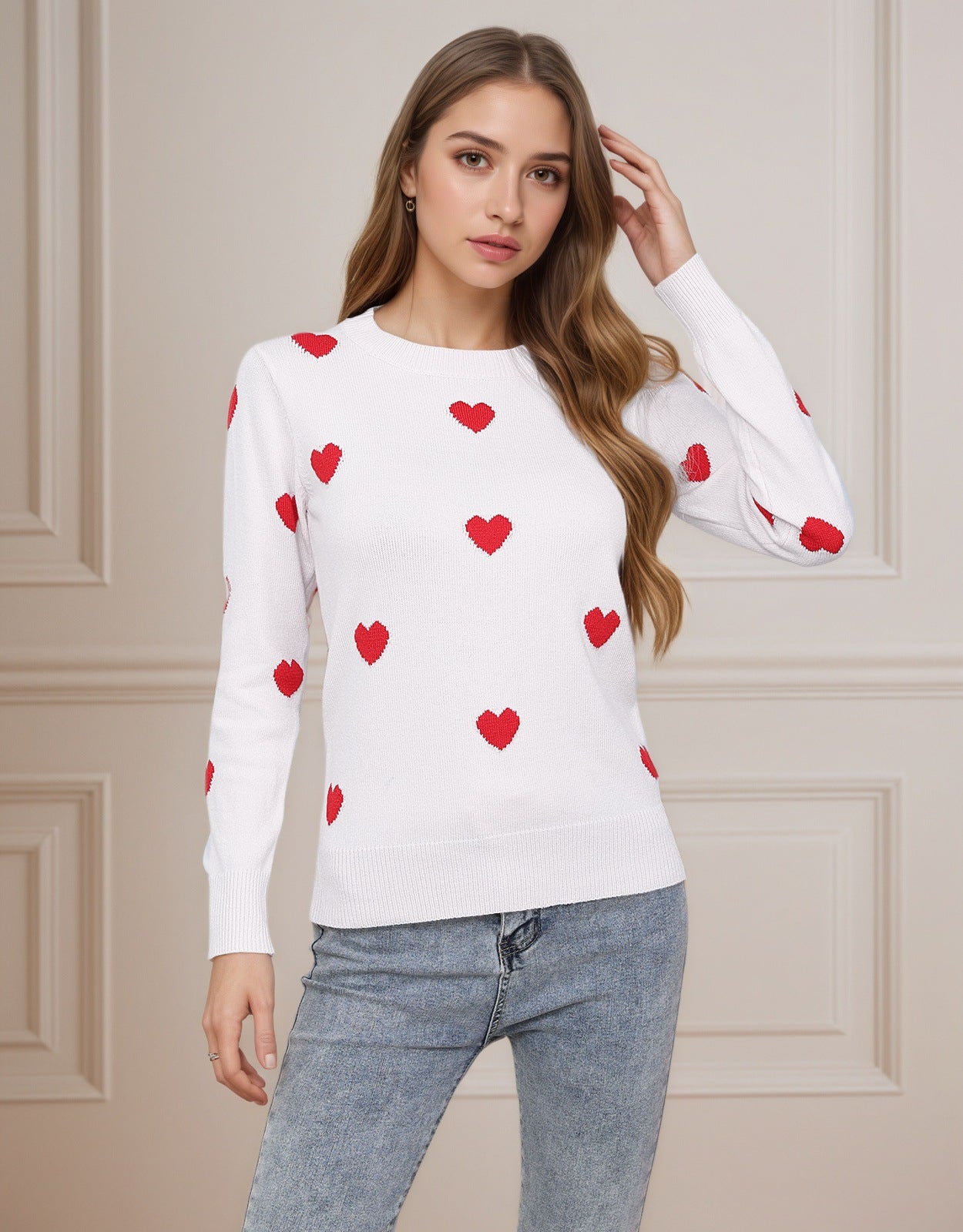 Damen Strickpullover Herz-Design Feinweiß