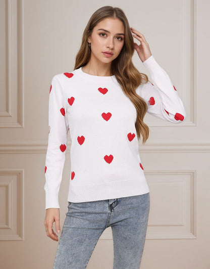 Damen Strickpullover Herz-Design Feinweiß