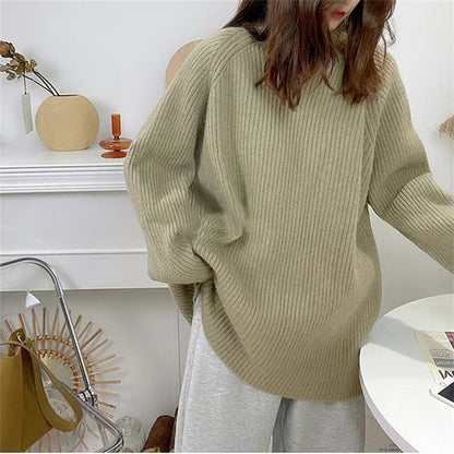 Damen Grobstrickpullover Hochkragen Lässig