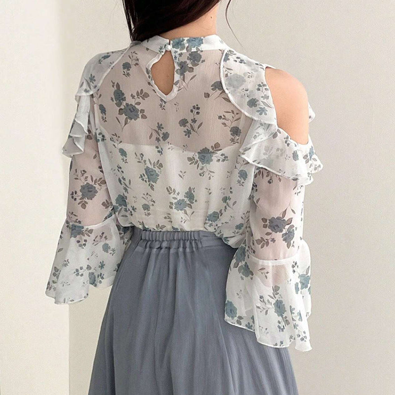Damen Bluse Floraler Druck Transparenter Volant