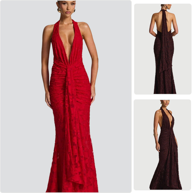 Damen Maxikleid mit V-Ausschnitt Gerafftes Design Schwarz Norvielle - Norvielle