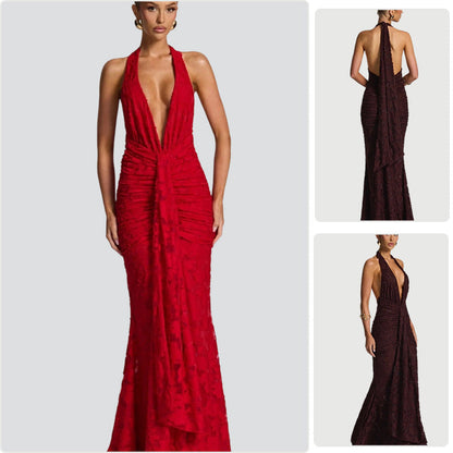 Damen Maxikleid mit V-Ausschnitt Gerafftes Design Schwarz Norvielle - Norvielle
