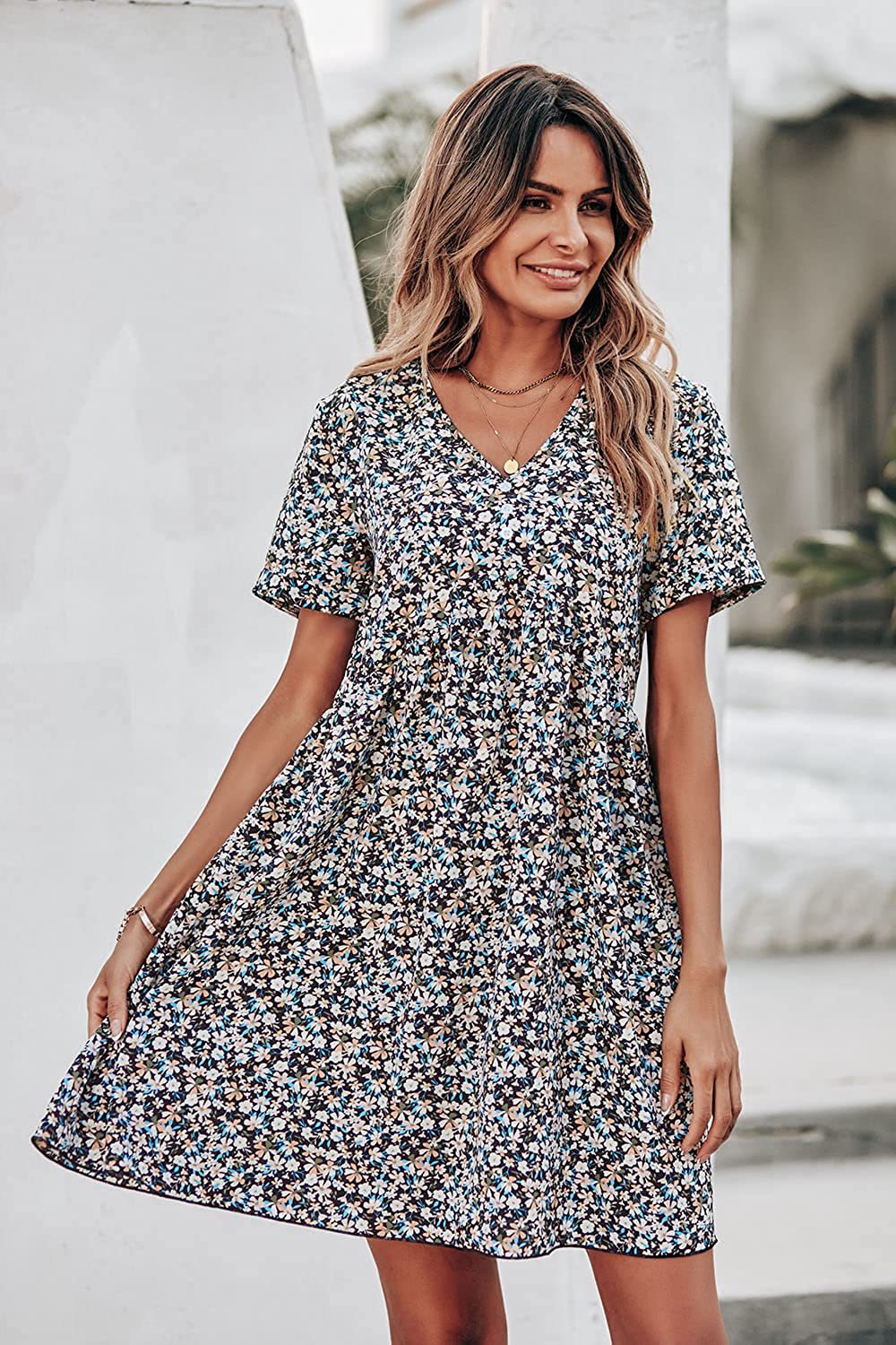 Damen Shift-Kleid V-Ausschnitt Floral Norvielle