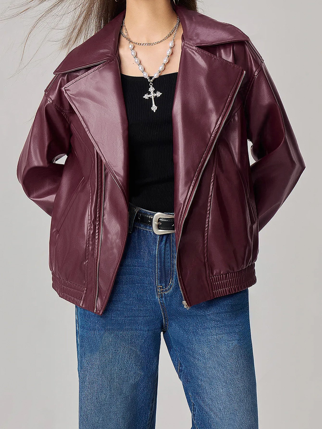 Damen Kunstlederjacke Oversized Reißverschluss