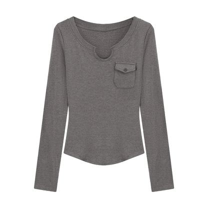 Damen Langarmshirt Slim-Fit Rundhals Brusttasche Norvielle