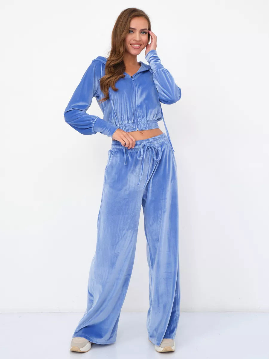 Damen Velours Jogginganzug Cropped Kapuze Weite Passform