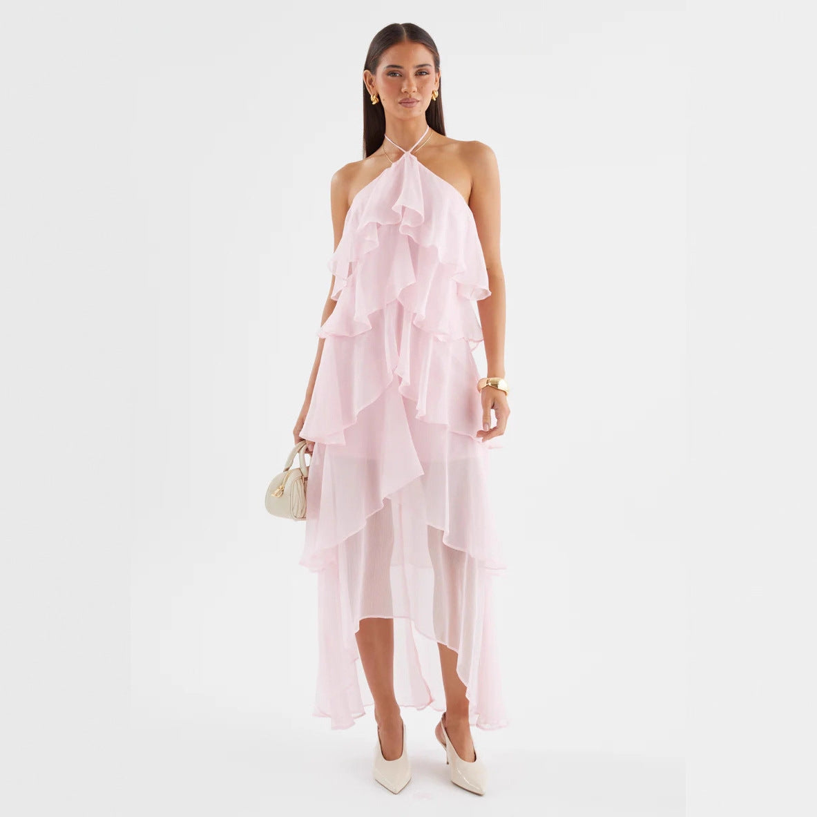 Damen Maxikleid Fließend Volants Halterneck
