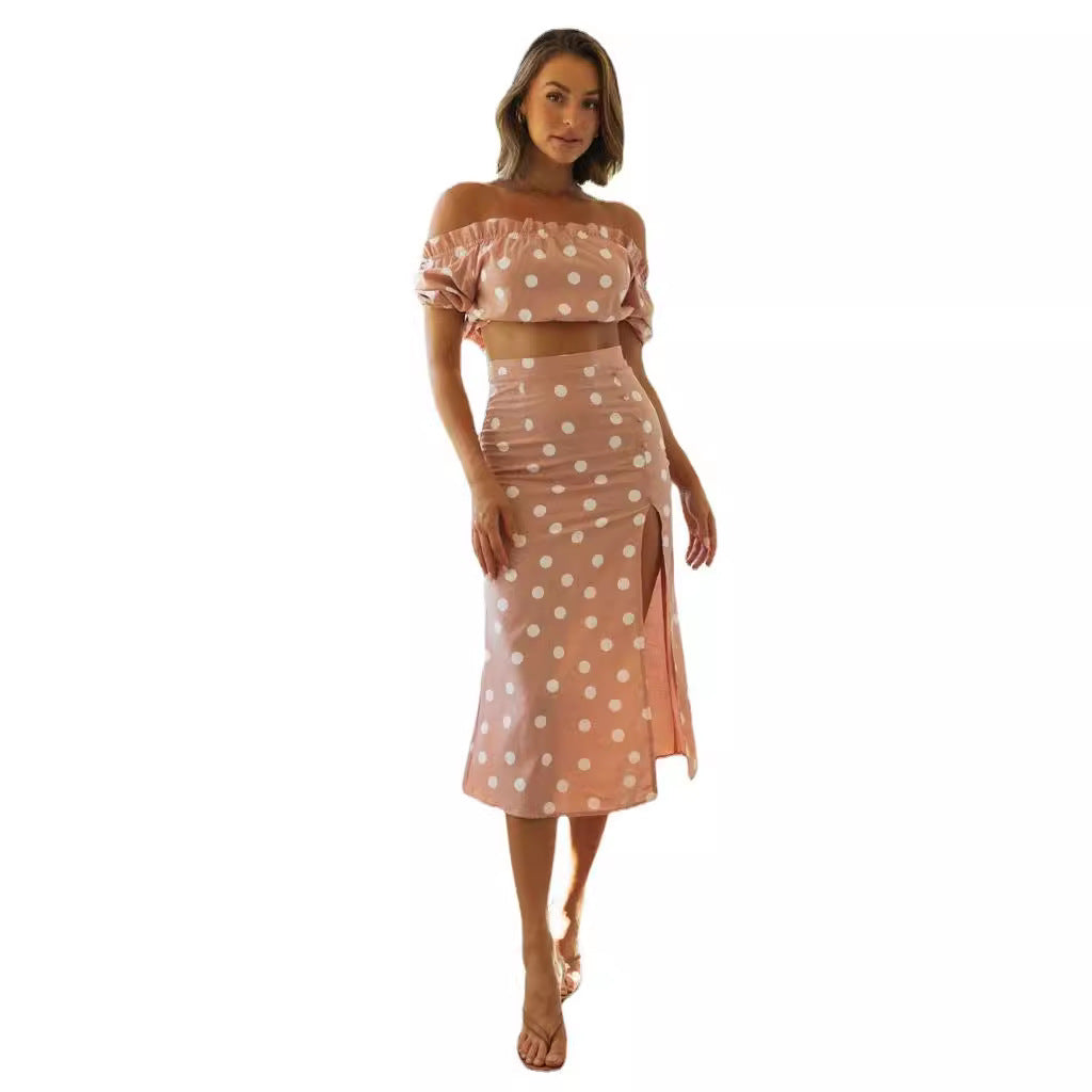 Damen Off-Shoulder Crop- und Rock Set Polka-Dots