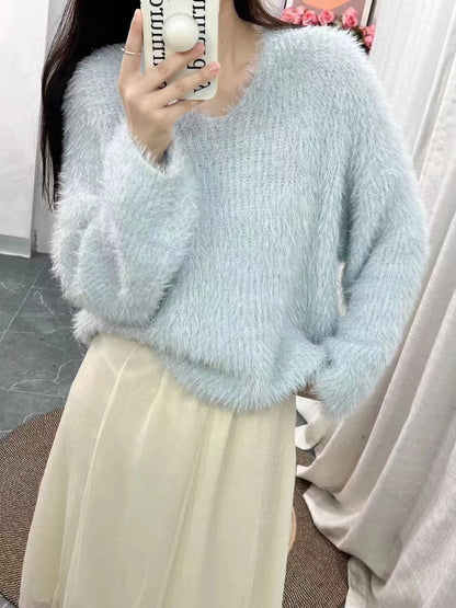 Damen Pullover V-Ausschnitt Flausch Norvielle Langarm Glitzer