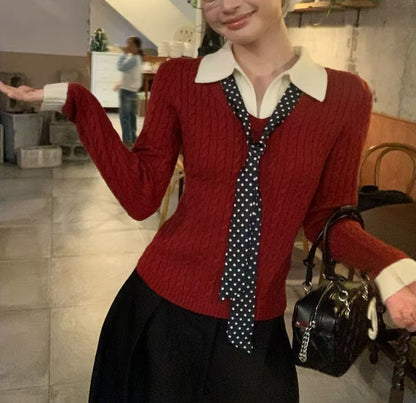 Damen Strickpullover mit Hemdkragen und Krawatte Ribbstruktur