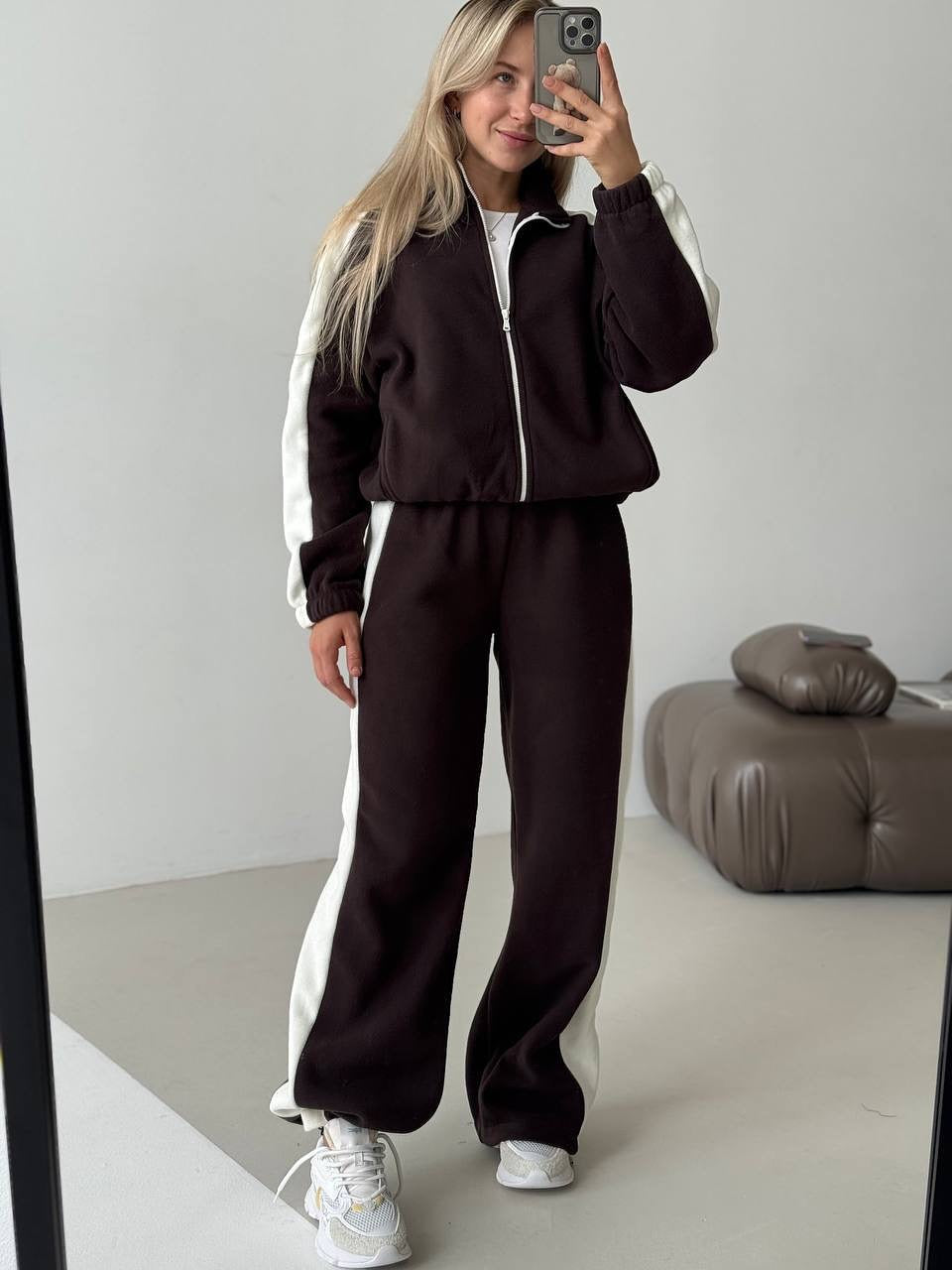 Damen Fleece-Jogginganzug Sportlich Hochkragen Seitliche Streifen