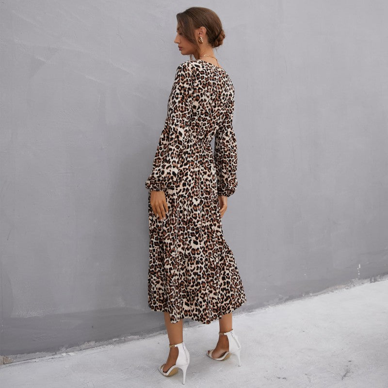 Damen Maxikleid Leopardenmuster Taillengürtel