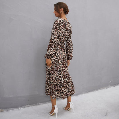 Damen Maxikleid Leopardenmuster Taillengürtel