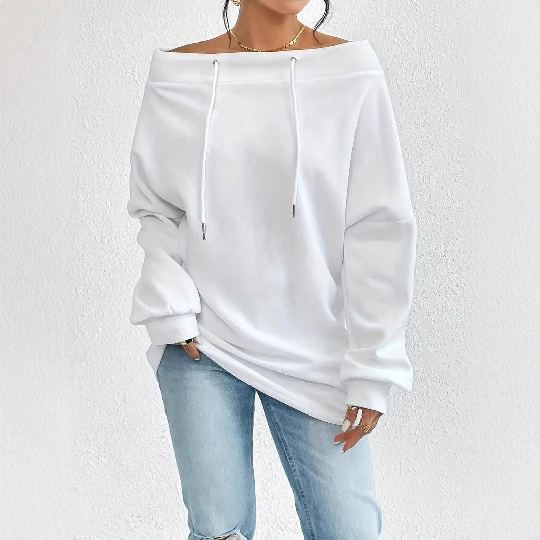 Damen Oversized Pullover Offener Kragen Kordelzug Beige