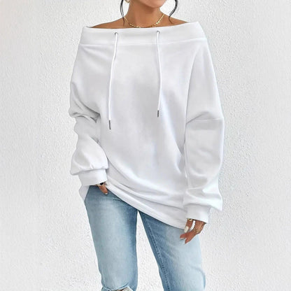 Damen Oversized Pullover Offener Kragen Kordelzug Beige