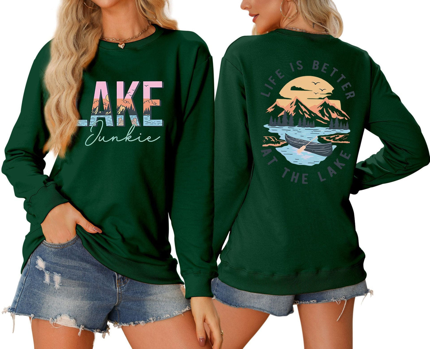 Damen Langarmshirt Lake-Motiv Leicht Lässig Weiß