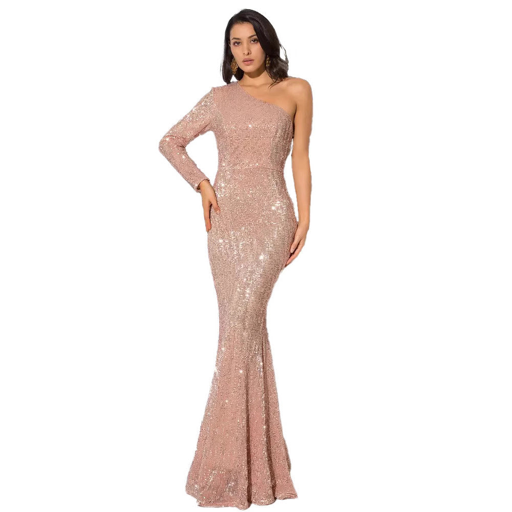 Damen Abendkleid Asymmetrischer Schnitt Glitzernd