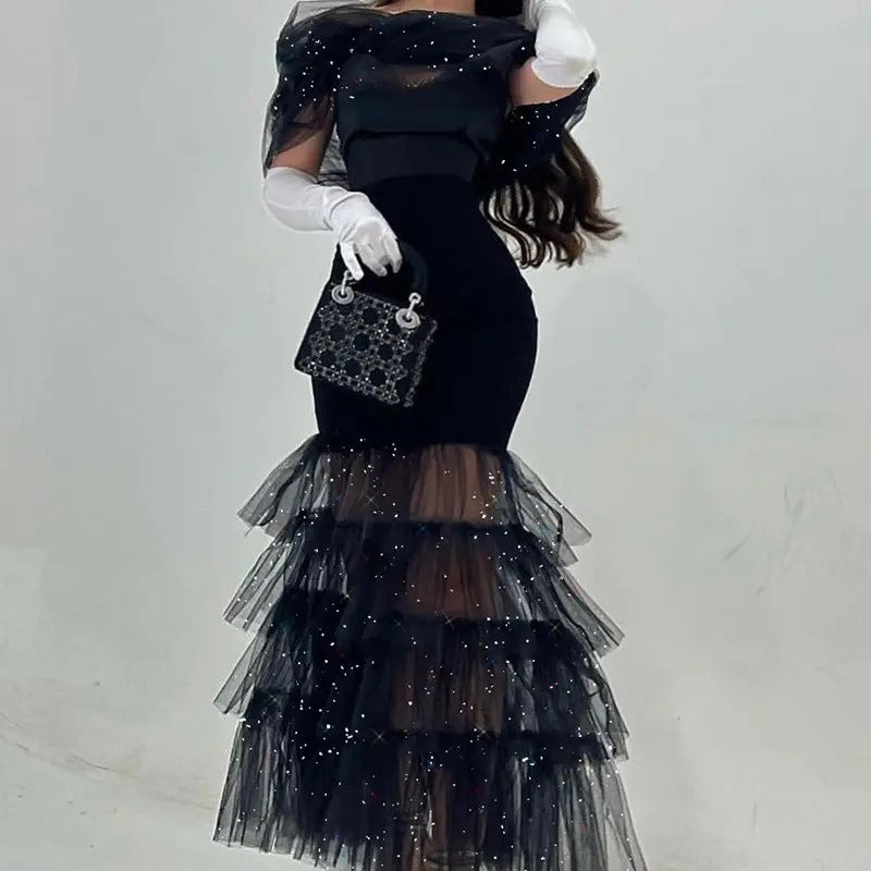 Damen Abendkleid Tüll schimmernd Transparent Schwarz - Norvielle