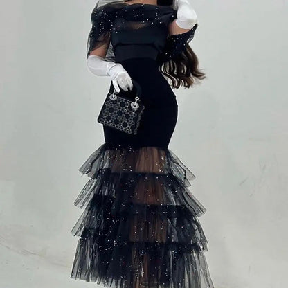 Damen Abendkleid Tüll schimmernd Transparent Schwarz - Norvielle