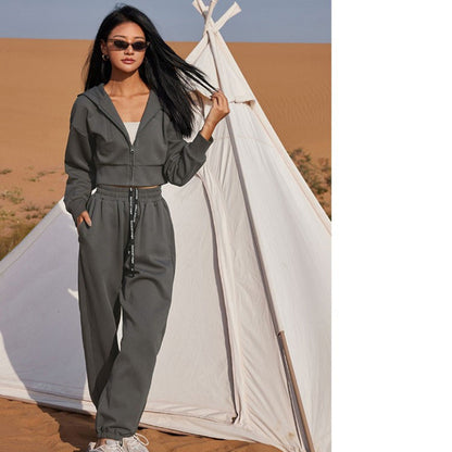 Damen Sportliches Cropped Freizeit-Set mit Kapuze und Jogginghosen