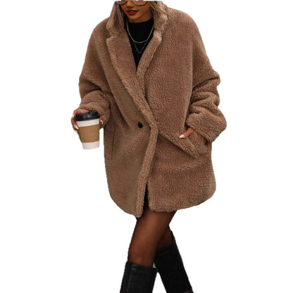 Damen Teddyjacke Kuscheljacke aus Plüsch Beige