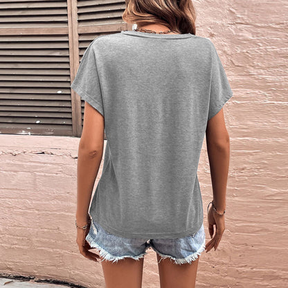 Damen V-Ausschnitt T-Shirt Überschnittene Ärmel Weiß