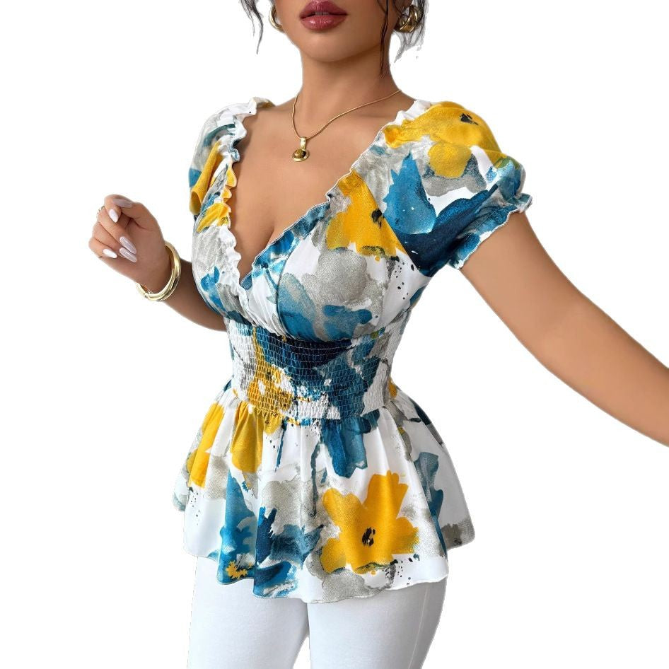 Damen Bluse Elastisch Rüschen Blume Weiss