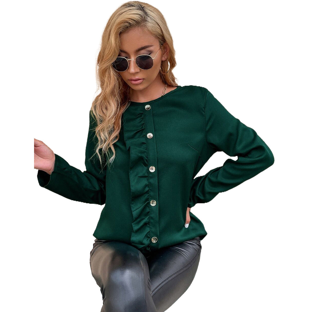 Damen Blusenshirt Rüschendetails Knopfverzierung