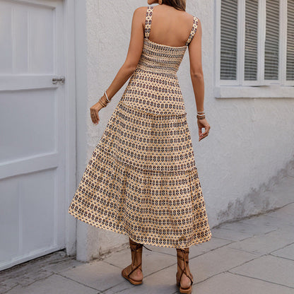 Damen Maxikleid Strukturierte Rüschen Geometrie-Druck Norvielle