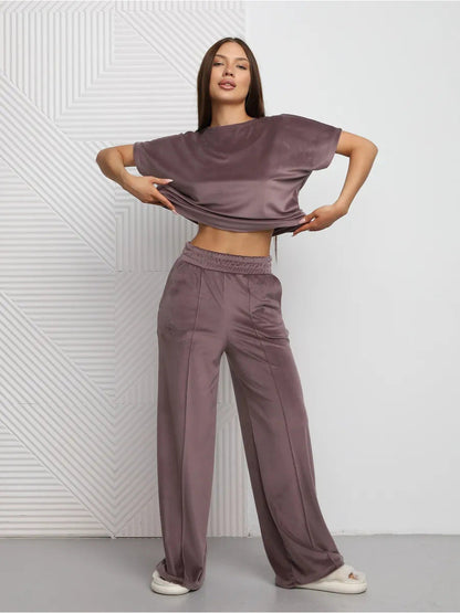 Damen Loungewear-Set Satin Lässiger Schnitt Weite Hose