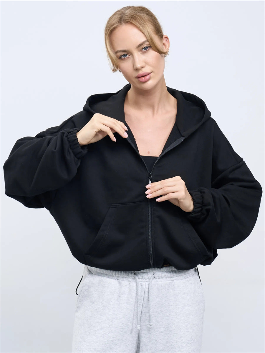 Damen Cropped Kapuzenjacke Reißverschluss Übergroße Ärmel Norvielle