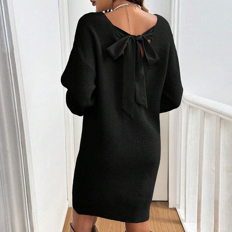 Damen Strickkleid Rückenausschnitt Schleife Norvielle
