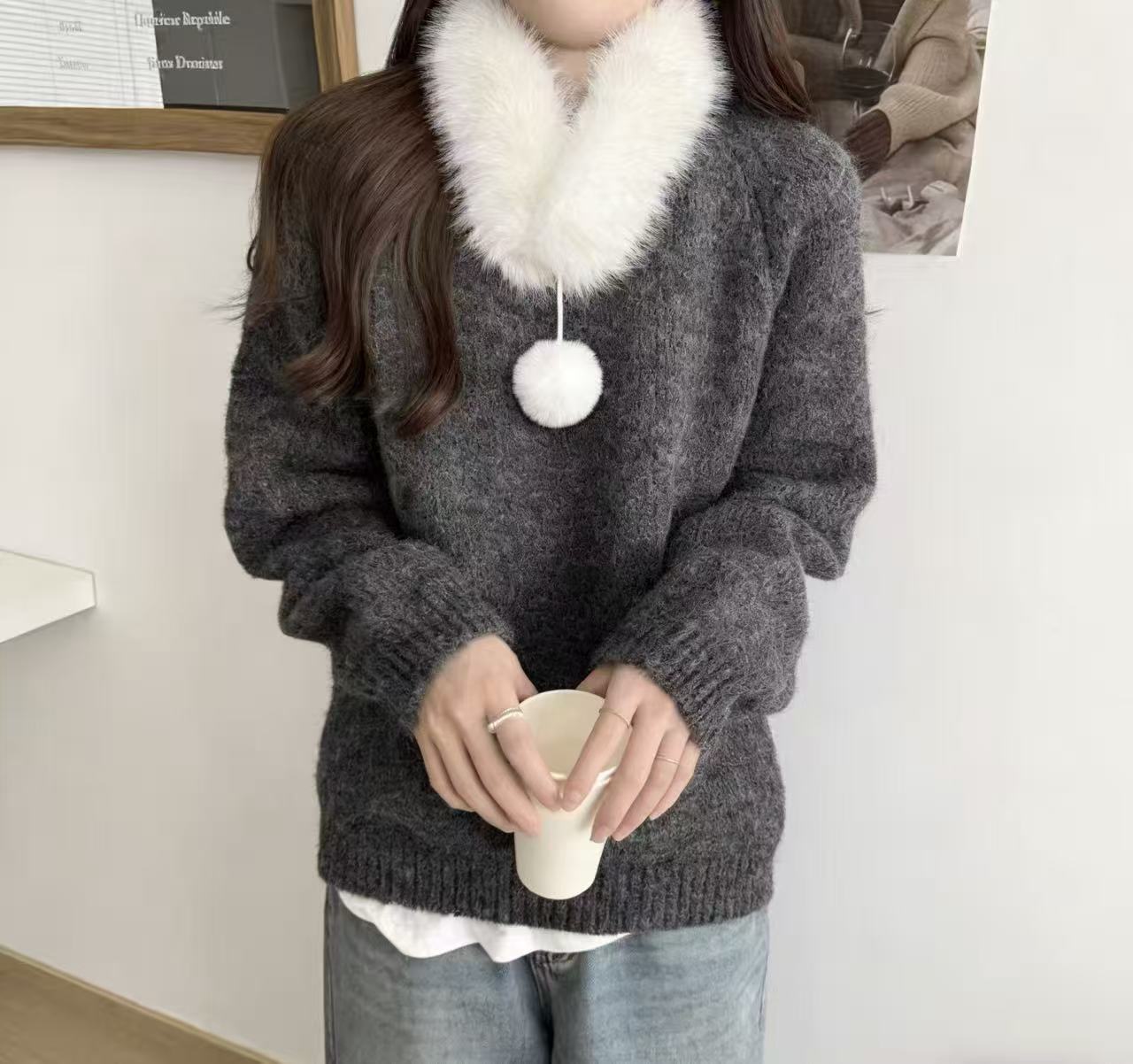 Damen Strickpullover Kuschelig Abnehmbarer Kragen Beige