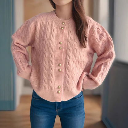Damen Strickjacke Zopfmuster Perlenknöpfe Beige