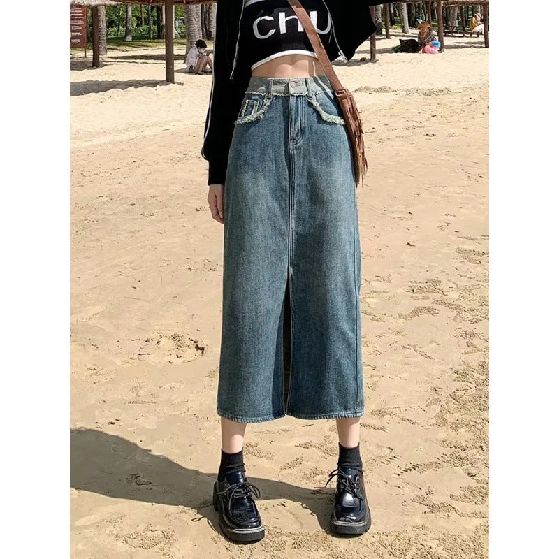 Damen Denim-Rock Lang Hohes Seitenloch