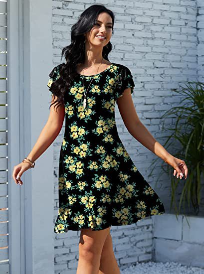Damen Sommerkleid Blumenmuster Rüschendetails schwingender Rock