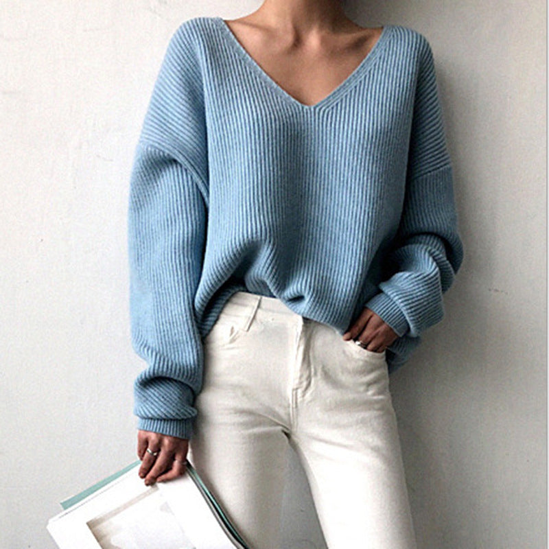 Damen Pullover V-Ausschnitt Strukturierter Look Breite Ärmel Norvielle