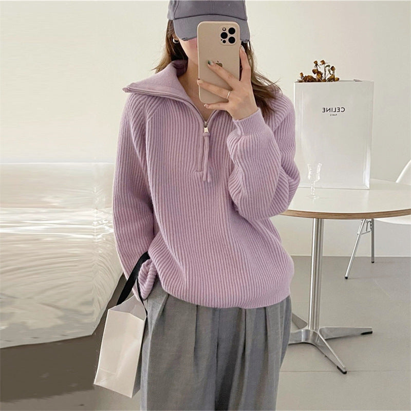 Damen Grobstrickpullover Reißverschluss Hoher Kragen Norvielle