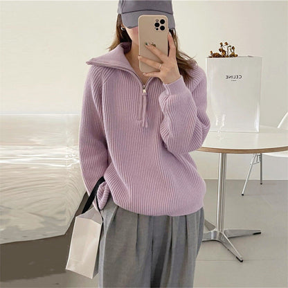 Damen Grobstrickpullover Reißverschluss Hoher Kragen Norvielle