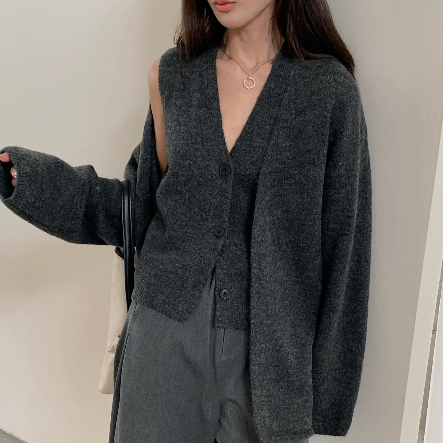 Damen Strickcardigan Lässig Knopfverschluss Voluminöse Ärmel Beige