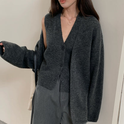 Damen Strickcardigan Lässig Knopfverschluss Voluminöse Ärmel Beige