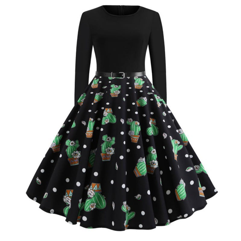 Damen Swingkleid Florales Kaktusdesign Ausgestellter Rock Norvielle